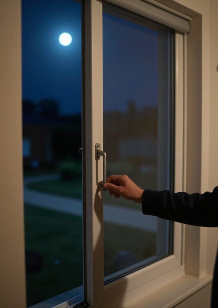 Mano intentando forzar la manija de cierre de una ventana de aluminio de noche