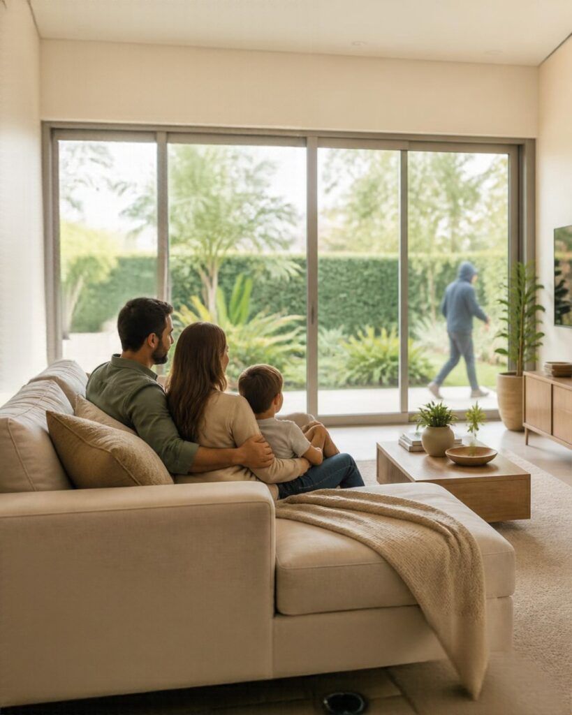 Familia tranquila en su sala con ventanas de aluminio sin rejas mientras un intruso se aleja del jardín