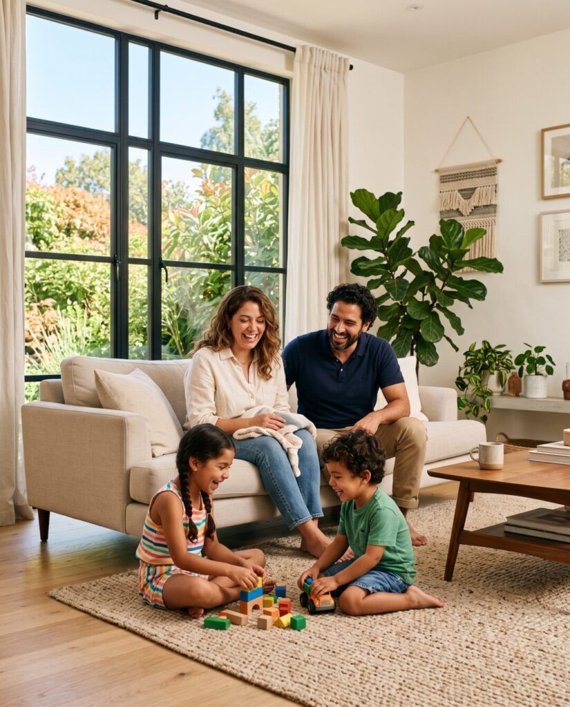 Familia disfrutando de una sala fresca y luminosa con ventanas de aluminio y las cortinas abiertas