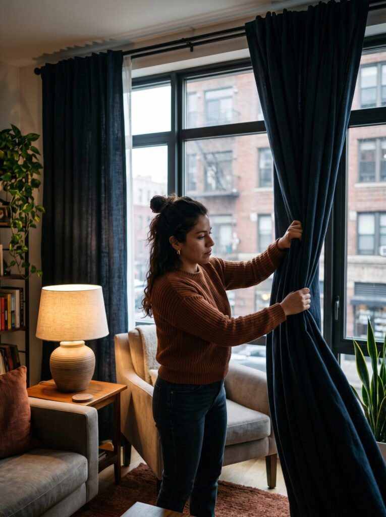Mujer cerrando cortinas oscuras en la sala durante el día para tener privacidad frente al edificio vecino
