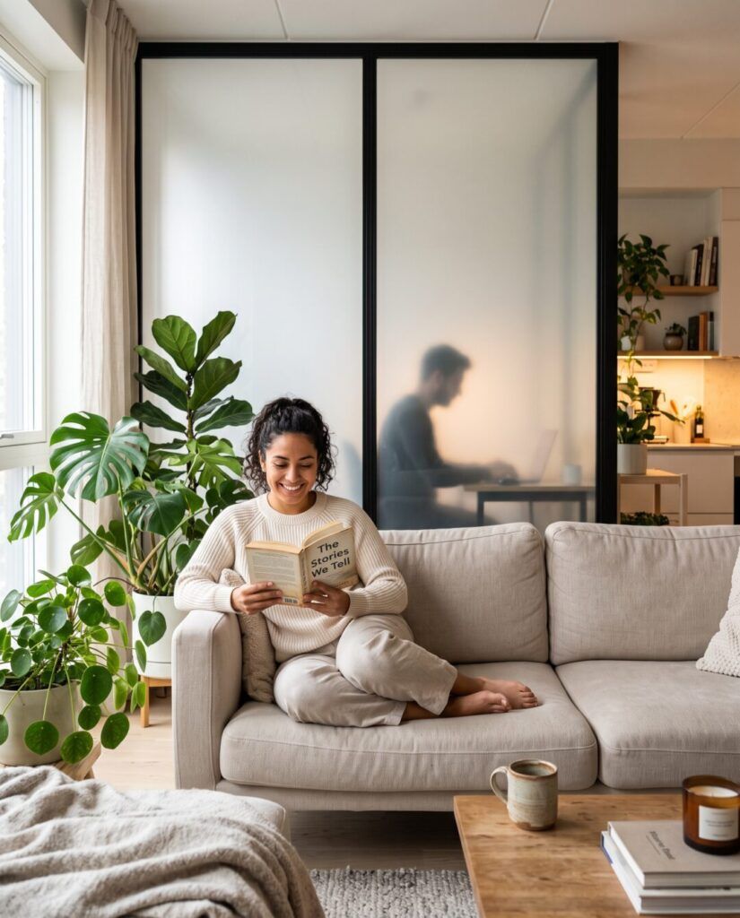Mujer leyendo en su sala junto a una división de vidrio inteligente en modo privacidad, con una silueta trabajando al otro lado